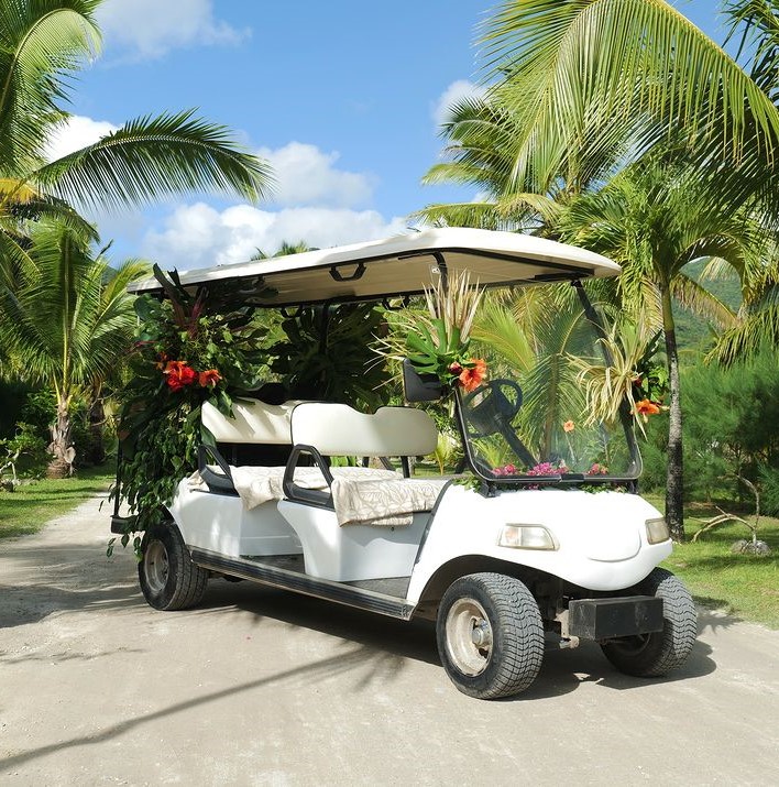 Decorated golf cart at Edgewater Resort, offering convenient and scenic island transport through lush tropical surroundings.